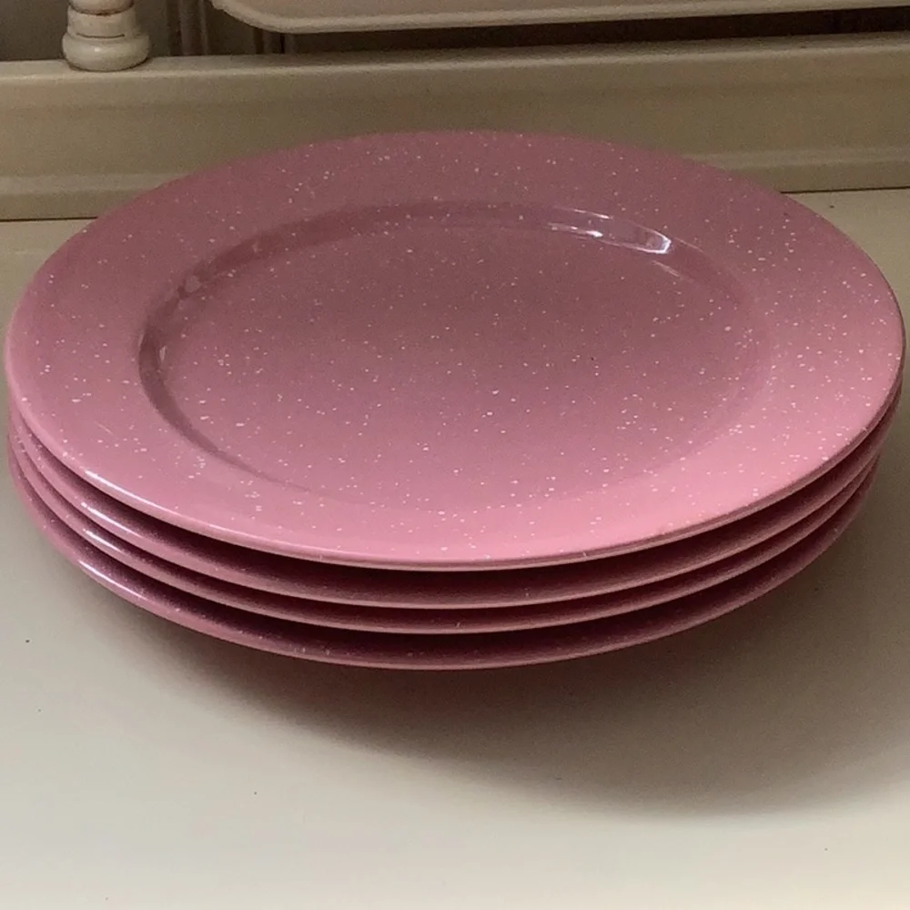 Vintage Signature Japan Stoneware Harlequin Pink White Speckled Dinner Plates